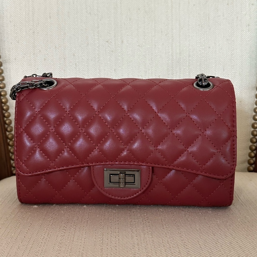 NEW Elegant Maroon Quilted Shoulder Bag with gunmetal hardware